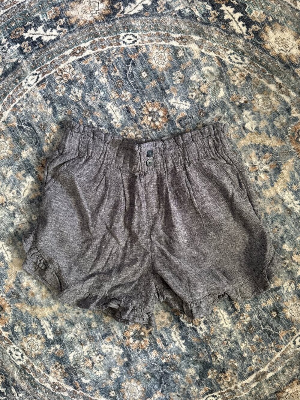 Time & Tru Gray Striped Smocked High Rise Paperbag Shorts